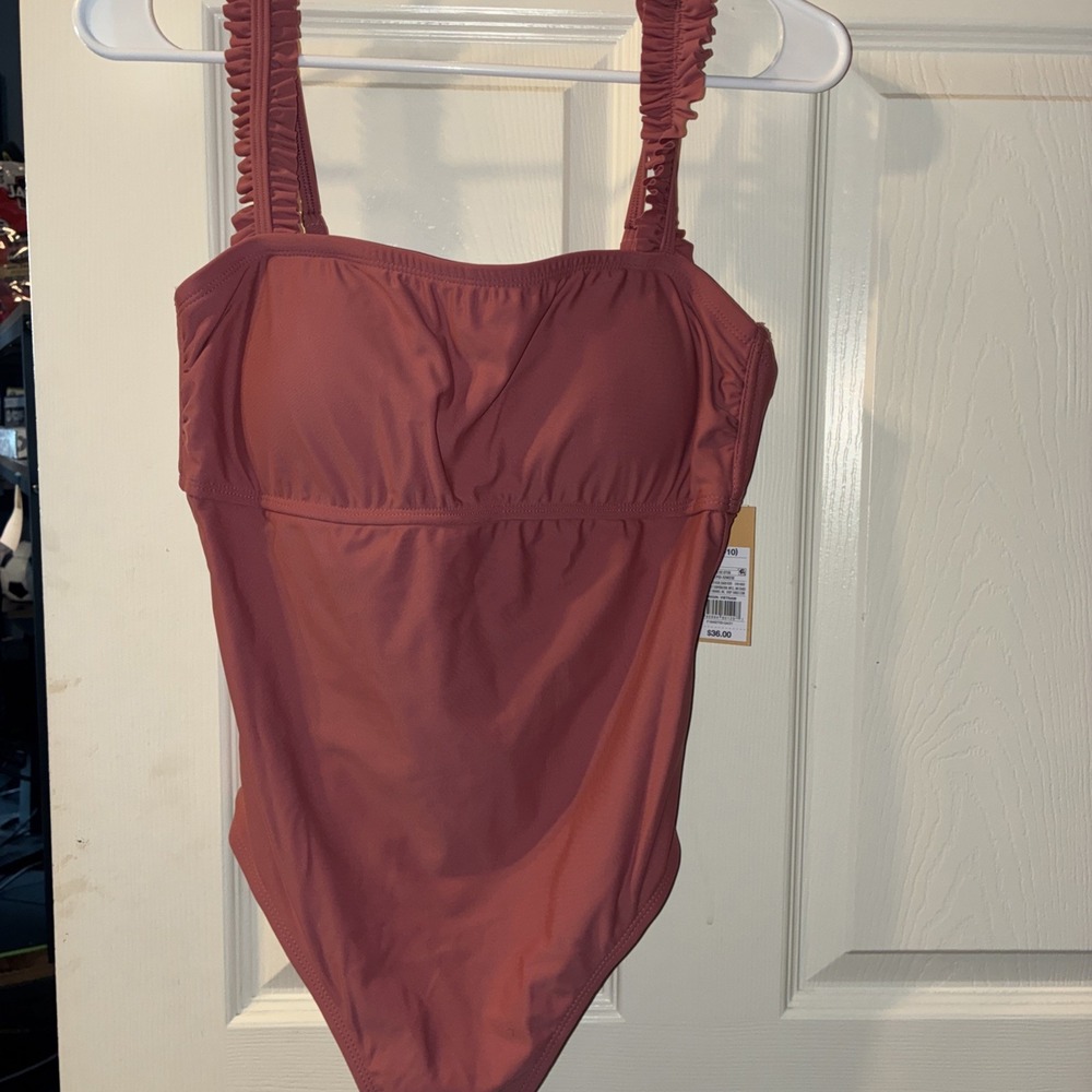 Kona Sol Square Neck Ruffle Shoulder Medium Coverage Women's Medium 8-10 New